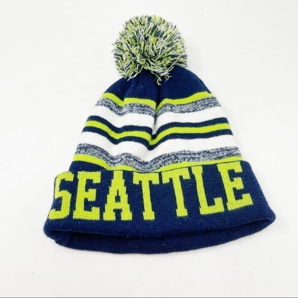 SEATTLE Blue Green White Unisex Beanie Intarsia Knit Pom Pom 100% Acrylic